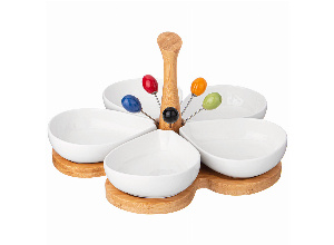 Менажница lefard native 5 секций 200 мл на дер. подставке с дер. ручкой, 5 вилочек (кор=8наб.)