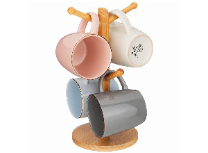 Набор кружек bronco solo 4 шт на деревянной подставке микс цветов (кор=6наб.)